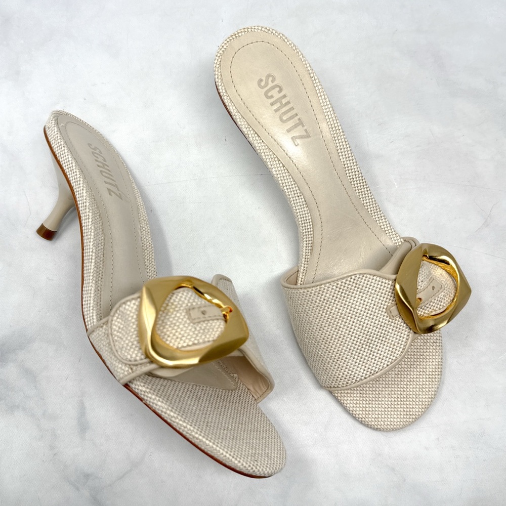NEW Schutz Olga 55 Brushed Buckle Textured Linen Canvas Kitten Heel Sandals 6 - Picture 11 of 13